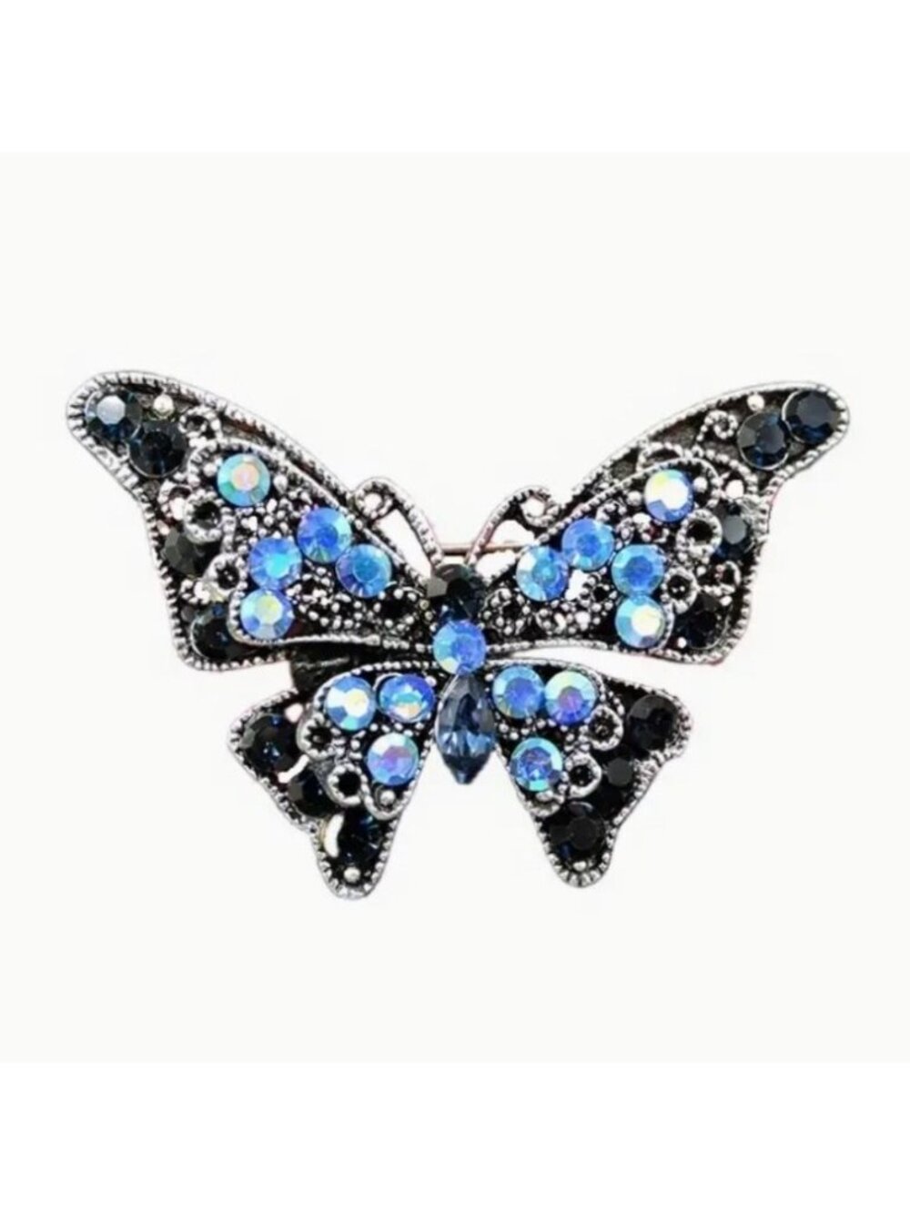 Blue & Black Iridescent Rhinestone Butterfly Brooch Pin